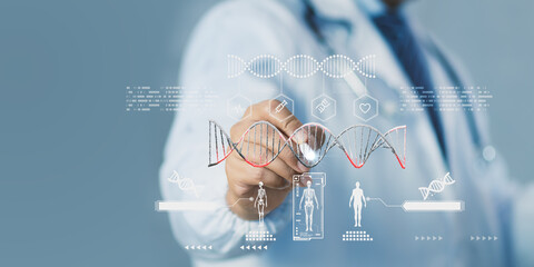 Doctor analyzing DNA structure using AI and digital hologram interface, representing biotechnology innovation, genetic research, precision medicine, futuristic healthcare technology in modern science.