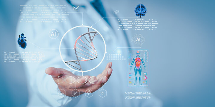 Doctor using AI and DNA technology for genetic analysis and precision medicine, representing innovation in digital healthcare, biotechnology research, and smart medical diagnostics future of medicine.
