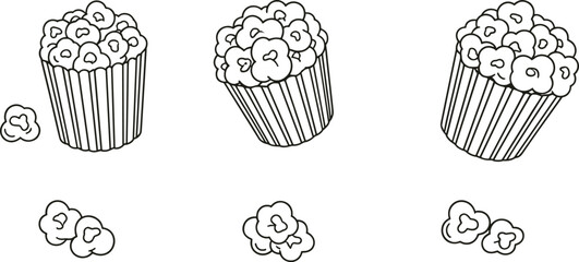 Popcorn container icons, snack quantity comparison, food silhouette vector, cinema snack design, minimal black illustration, counting concept, flat style