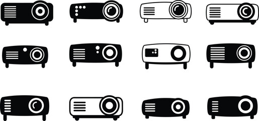 projector icon, multimedia device, technology symbol, black white projector, flat design, vector illustration, cad drawing, top view, minimal style, cad drawing flat vector illustration