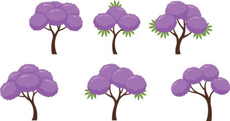 Purple trees, cartoon forest, fantasy foliage, stylized nature, vector plants, whimsical landscape, tree shapes, flat design, decorative art, illustration