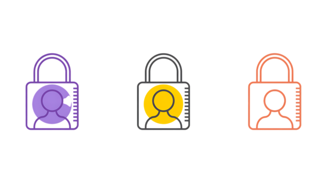 Three colorful padlock icons with user silhouette and digital pattern security privacy