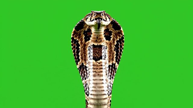 Front view of a beautiful yet menacing Indian cobra with its iconic spectacle pattern on an expanded hood, isolated against a green chroma key