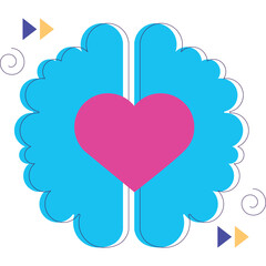Abstract illustration of a stylized blue brain with a pink heart in the center on a transparent background with abstract decorative elements and arrows