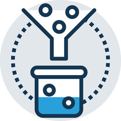 Abstract science illustration showing a funnel filtering liquid into a beaker with circles representing particles or bubbles within a dotted circle border and a grey background