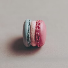 Trio of Pastel Macarons Stacked — Pink Blue and Cream Minimal Confection