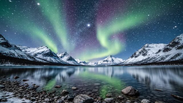 Northern lights dancing above a serene mountain lake reflecting the aurora borealis and starry sky
