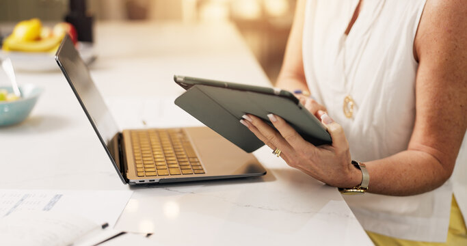 Woman, tech and hands with tablet for project draft, editing article and creative process in home. Remote work, freelance writer and laptop for proofreading with mature editor or story development - Powered by Adobe