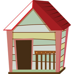 A charming wooden beach house with a red roof and pastel colored walls featuring a small porch and a brown door on a clear day with a white background