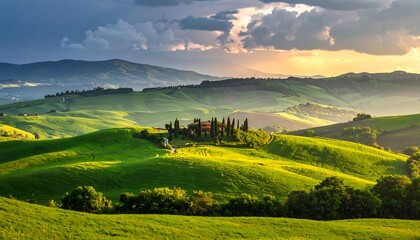 Rolling Hills of Tuscany at Sunset - A Serene Landscape.