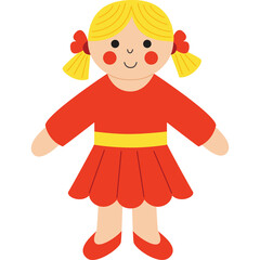 A cheerful cartoon girl with blonde pigtails and red dress stands with a yellow sash and ballet shoes