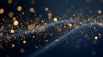 Obraz premium Luxurious abstract background combining dark navy blue and shimmering gold particles with glowing golden bokeh lights. The elegant gold foil texture creates a festive and sophisticated atmosphere, 
