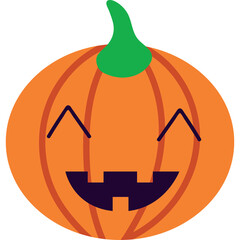 A Happy Halloween Pumpkin with a Green Stem and a Carved Face featuring a Wide Smile and Excited Eyes on a Transparent Background