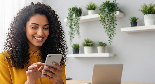 Smiling Young Woman Using Smartphone in Modern Home Office