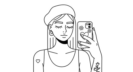 Illustration of girl taking selfie with phone in beret and tattoos