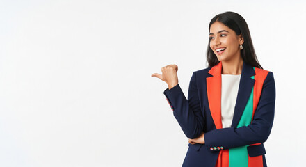 Happy Indian Businesswoman Pointing Left with Copy Space