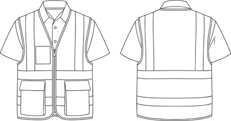 safety vest vector, reflective workwear illustration, construction uniform icons, flat garment design, protective clothing art, cad drawing flat vector illustration
