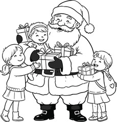 Santa Claus with children, gift giving, holiday joy, Christmas celebration, black and white, line art, festive scene, vector illustration