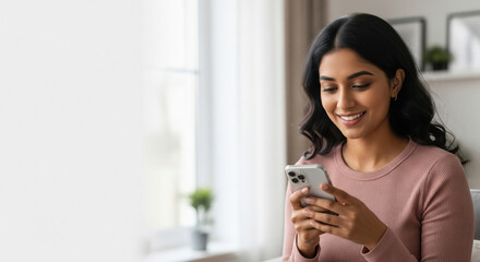 Happy Young Indian Woman Using Smartphone at Home