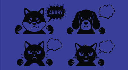 Angry pets vector illustration dogs cats expression design element