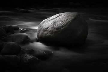 Large Boulder in Flowing River — Long Exposure Black and White Landscape