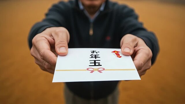 茶色の背景の前で、高齢の男性がお年玉のポチ袋を両手で差し出すクローズアップ映像