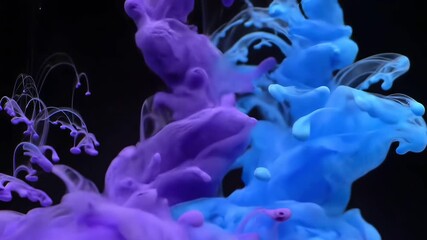 Vibrant purple and blue ink swirling gracefully in clear water against a deep black background creating an abstract and mesmerizing fluid art display with dynamic color diffusion and intricate patter. - Powered by Adobe