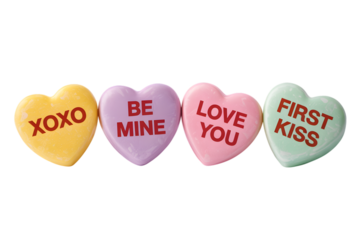 Four candy hearts with romantic messages like xoxo, be mine, love you, and first kiss