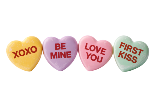 Four candy hearts with romantic messages like xoxo, be mine, love you, and first kiss