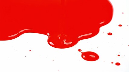 A dynamic depiction of deep, blood-red paint beginning to cover the pure white background, scattering small droplets and continuing to flow under the force of gravity. - Powered by Adobe