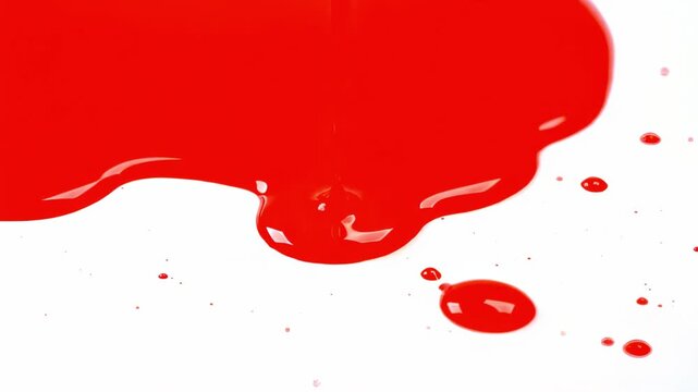 A dynamic depiction of deep, blood-red paint beginning to cover the pure white background, scattering small droplets and continuing to flow under the force of gravity.