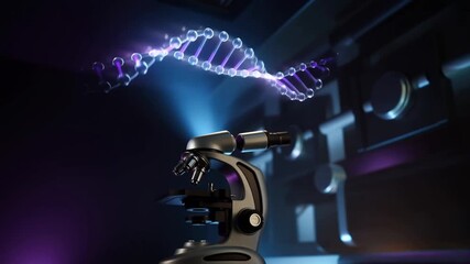 A futuristic cyberpunk microscope with a holographic dna display and neon purple lighting on a dark sci fi background concept of advanced genetic engineering and technology - Powered by Adobe