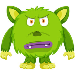 Grumpy Green Fluffy Monster With Big Ears Yellow Hands And Feet Purple Mouth Showing Teeth On Transparent Background