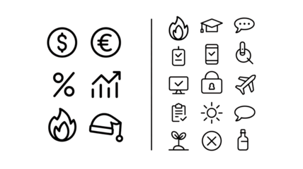 White outline icons on black background including currency, growth, and fire symbol