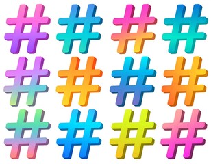 Fototapeta premium Colorful, three-dimensional hashtag symbols arranged in a grid