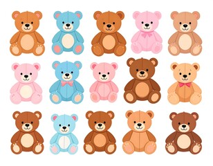 Fototapeta premium Colorful plush bear toys in various colors displayed on white background