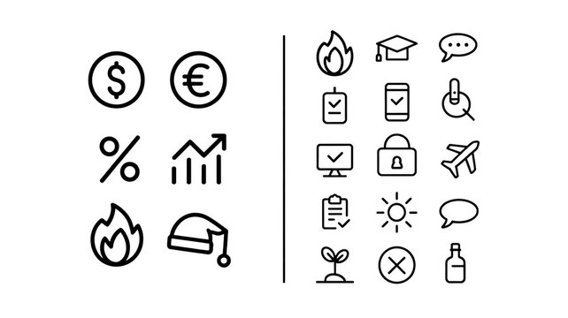 White outline icons on black background including currency, growth, and fire symbol