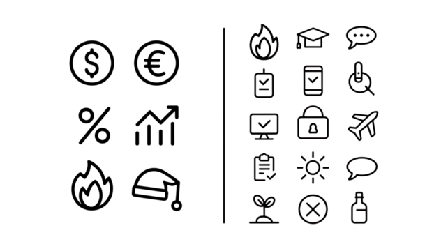 White outline icons on black background including currency, growth, and fire symbol