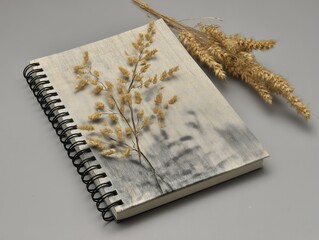Spiral Linen Notebook with Dried Grasses—Botanical Craft Flat Lay