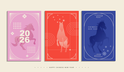 Lunar new year greeting card vector poster set. Chinese New Year 2026 ,Year of the Horse, line art, outline, simple linear. adorned with traditional asian elements. lanterns. vector design.