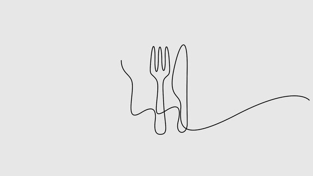 Video. Fork, spoon and knife continuous one line cutlery pattern for logos, business cards, banners. Full length one line art 4K animation 