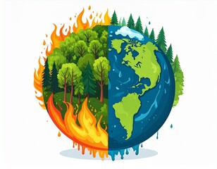 Illustration of Earth with burning forests, showing the devastating impact of global warming and climate change. A powerful reminder to protect our planet and stop deforestation