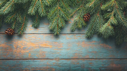 Natural spruce branches, Natural spruce branches with pine cones on a rustic blue wooden background, lay out, space for text, new year postcard, 