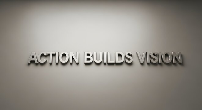 Three-dimensional metallic letters on a plain wall spell out the phrase 'ACTION BUILDS VISION', emphasizing motivation and teamwork in a corporate environment