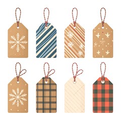 Eight festive gift tags. Each with a unique decorative pattern and rope attachment. Light brown card stock. Varied designs