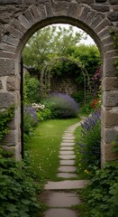 Obraz premium A picturesque garden pathway viewed through an ancient stone archway, surrounded by lush greenery and colorful flowering plants under a bright sky