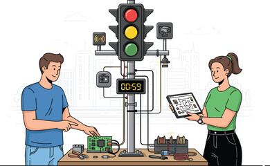 Smart traffic light system, urban technology, circuit board, digital timer, schematic diagram, electronics, programming, smart city, innovation, teamwork