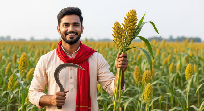 Happy Indian Farmer Showcases Sorghum Harvest