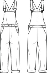 Fashion overalls technical sketch, front and back view, adjustable straps, belted waist, rolled cuffs, garment construction, pattern design, illustration