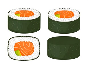 Four pieces of sushi maki rolls with salmon and avocado filling